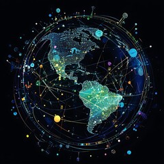 Obraz premium Radiant Global Grid with Futuristic Light Trails and Data Nodes neon color Image