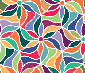 Intricate multicolored floral motif with geometric wavy flowers and leaves with bright colors. Retro style design. Seamless repeating pattern. Abstract vector illustration.