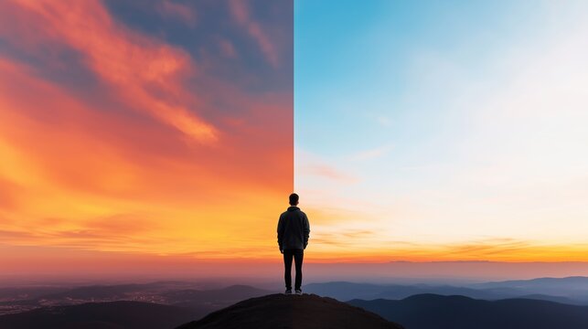 A person stands on a mountaintop overlooking a stunning divide between vibrant sunset colors and tranquil blue sky during twilight
