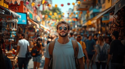 Fototapeta premium A young man with sunglasses and a backpack walks through a crowded street market.