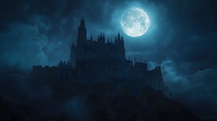 A majestic castle perched on a hilltop, illuminated by a bright full moon against a clear night sky, showcasing gothic architecture and an ethereal atmosphere.