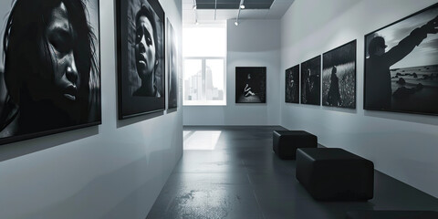 Depression Awareness: A somber room displays black and white photographs of individuals sharing their stories of struggle and hope.