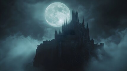 Fototapeta premium A majestic castle perched on a hilltop, illuminated by a bright full moon against a clear night sky, showcasing gothic architecture and an ethereal atmosphere.