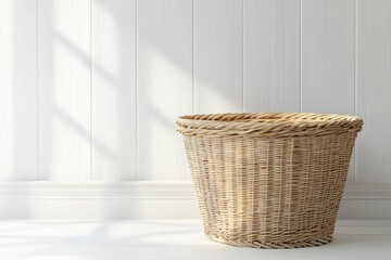 A Beige Wicker Basket on a White Wooden Floor