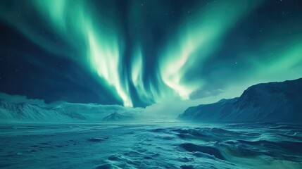 Fototapeta premium Mesmerizing view of glowing auroras dancing across the sky above a frozen tundra, creating a magical and rare natural spectacle