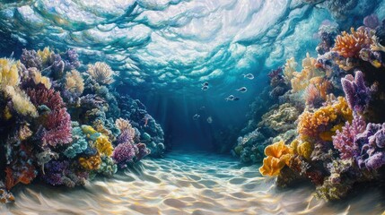 Stunning display of vibrant coral reefs beneath crystal-clear waters, showcasing the colorful and surreal beauty of marine life