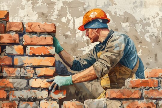 A construction worker builds a brick wall with hammer and trowel
