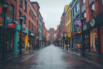 Empty Brick Street in a City with Shops on Both Sides