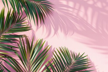 Tropical palm leaves on pink background. Minimal nature summer concept. Flat lay. Place for text