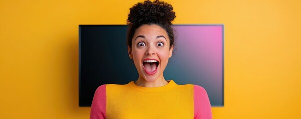 Energetic and cheerful woman customer celebrates her Black Friday purchase of a new large flat screen TV expressing excitement and optimism over the successful shopping deal