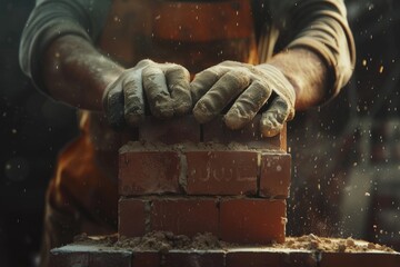 A person constructing a brick using manual labor and tools