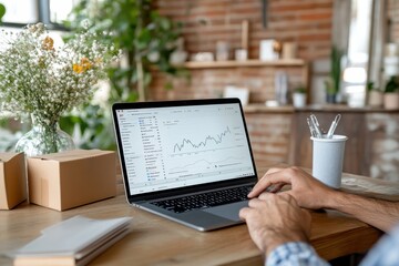 A person utilizes a laptop for data analysis in a modern workspace, surrounded by plants and office supplies, reflecting productivity and focus in a tech-driven era.