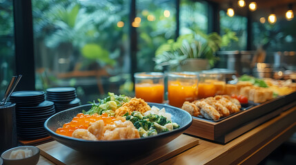 Buffet line of luxury resort in the morning with Japanese foods