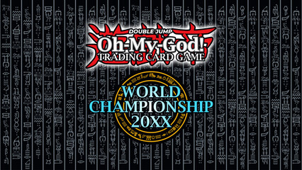 Backdrop for a trading card game championship features Japanese kanji meaning Emperor of Games and incorporates ancient hieroglyph elements creating a striking photo booth for participants