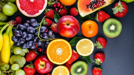 Naklejka premium Savor the Bountiful Harvest: A Captivating Arial Perspective of Fresh and Organic Fruits