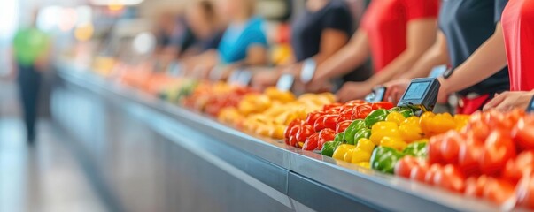 Busy checkout counter with a long line of customers holding Black Friday deals and shopping for discounted merchandise in a crowded retail store or supermarket
