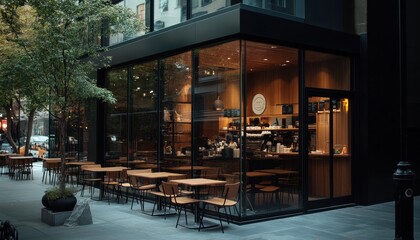 Modern cafe with glass facade and outdoor seating in urban setting