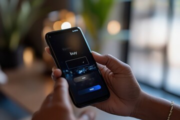 A detail shot of a hand operating a mobile phone with a focus on the 'buy now' option, highlighting the immediacy and accessibility of online shopping platforms.