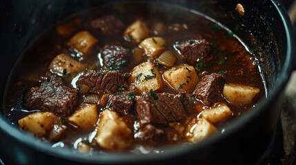 A delicious pot of stew filled with tender meat and potatoes