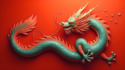 Obraz premium Chinese' Day with big Dragon, isolated on the red background, for China' Day, 