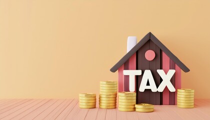 A small house model with "TAX" prominently displayed, surrounded by stacks of gold coins, symbolizing real estate taxes and financial management.