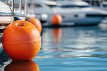 A floating orange buoy sitting in the middle of a calm body of water, great for aquatic or beach-themed projects