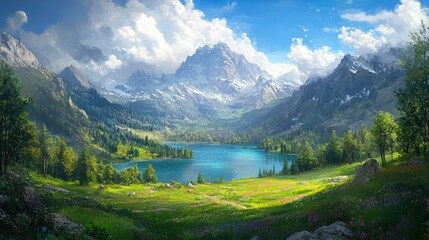 Fototapeta premium A magical view of a peaceful lake surrounded by towering mountains and vibrant green meadows, under a radiant sky resembling heaven