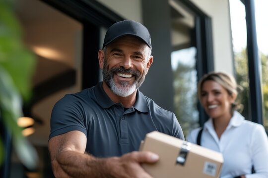 A cheerful courier wearing a cap and uniform happily hands a package to a female customer at her doorstep, showcasing excellent customer service and delivery.