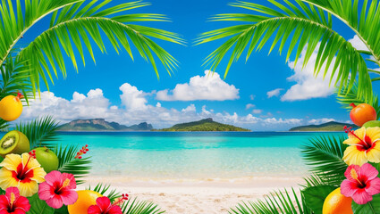 Naklejka premium A vibrant tropical background featuring green palm leaves, hibiscus flowers, and exotic fruits framing a sunny beach and clear ocean, set against a blue sky with distant islands.