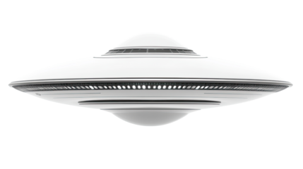 UFO hovering over a shiny silver cloche on a white background, blending elements of space and hospitality