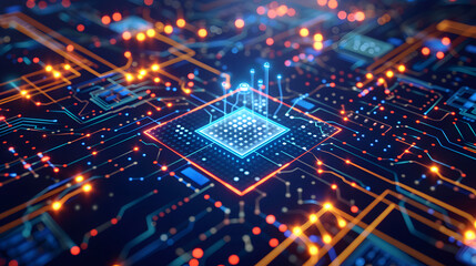 Obraz premium Advanced AI chip glowing blue in a futuristic digital interface, surrounded by intricate, glowing circuit patterns
