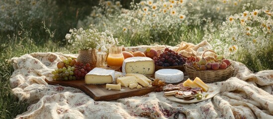 A picnic in the garden with a selection of cheeses, fruits, and snacks laid out on a blanket amongst white flowers.