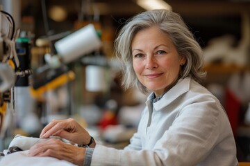 With a gentle expression, a senior woman demonstrates her garment crafting expertise at her sewing machine, revealing her skill, passion, and calm demeanor in the workshop.