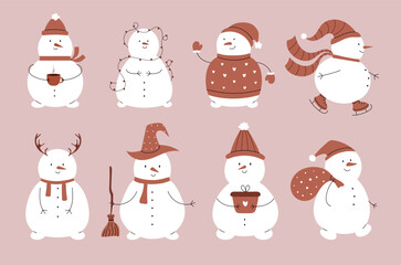 Set of cute snowmen in hat, sweater, with gift, broom, garland, on skates, coffee, deer antlers. Hand drawn flat vector illustration