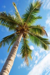 Fototapeta premium A palm tree is standing tall in the middle of a clear blue sky. The tree is surrounded by a cloudless sky, which gives the image a bright and cheerful mood