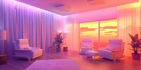 A calming room with soft lighting and pastel colors provides a safe space for individuals to work through their trauma.