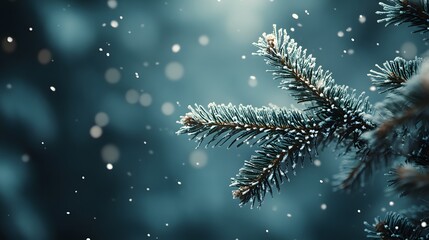 A serene winter scene featuring snow-covered pine branches and gently falling snowflakes, set against a frosty blue backdrop with soft bokeh, evoking a dreamy atmosphere.