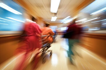 Obraz premium A blurred image of a hospital corridor with a person pushing a gurney, suitable for medical or healthcare related projects
