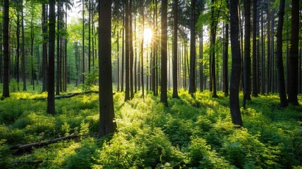Obraz premium Sunlit Forest Glade, tranquil woodland clearing bathed in warm sunlight, vibrant greenery and delicate undergrowth create a serene natural oasis, inviting exploration and reflection