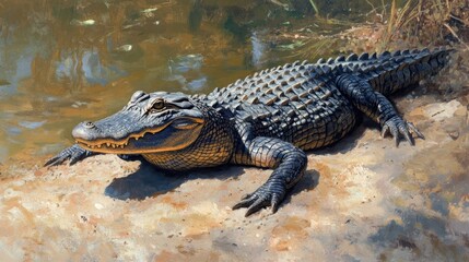 Obraz premium American alligator basking in the sun on a riverbank, its rough skin gleaming in the midday heat.