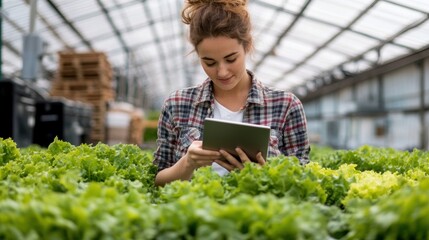 Young woman using tablet while tending to lettuce in greenhouse