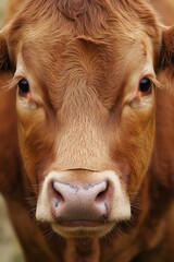 A detailed view of a cow's face with focus on its eyes and nose, capturing natural textures.