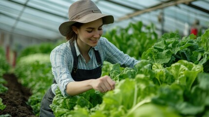 Young woman harvesting fresh lettuce in a greenhouse garden