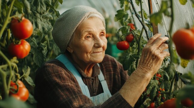 An elderly woman carefully inspects tomato plants in a greenhouse