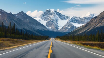 Fototapeta premium Dramatic Mountain Landscape, a sweeping highway curves through towering peaks, showcasing the grandeur of nature and the breathtaking beauty of the rugged terrain.