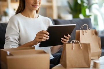 Fototapeta premium A woman interacts with a tablet, surrounded by eco-friendly paper bags in a warm home setting, embodying technological engagement and sustainable living practices.