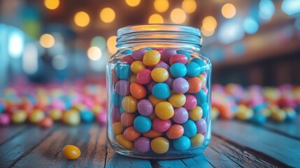 A glass jar filled with colorful candy on a wooden table with a blurred background of colorful lights.
