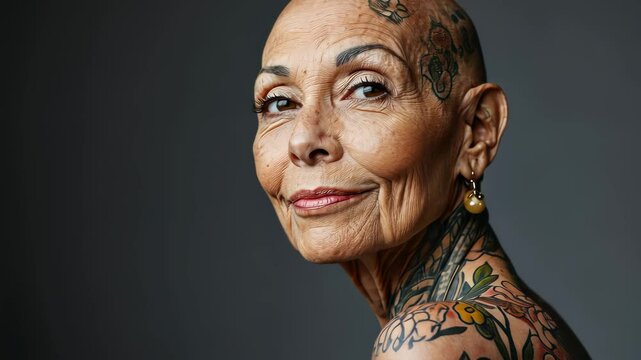 Bald elderly tattooed woman with grey neutral background - Senior person - Focus on face - Model by AI generative
