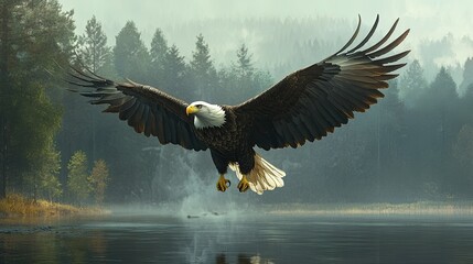 Obraz premium Bald eagle diving towards a lake, talons extended as it goes in for the catch.