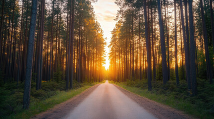 Obraz premium Serene sunrise along a winding road, enveloped by towering pine trees, warm golden light filtering through branches, inviting tranquility and reflection